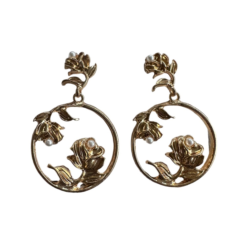 Golden Floral with Pearls Drop Hoop Earrings